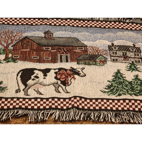 Vintage Tapestry Rug Country Christmas Cow Barn Rustic Farmhouse Table 20x36 - Picture 3 of 11